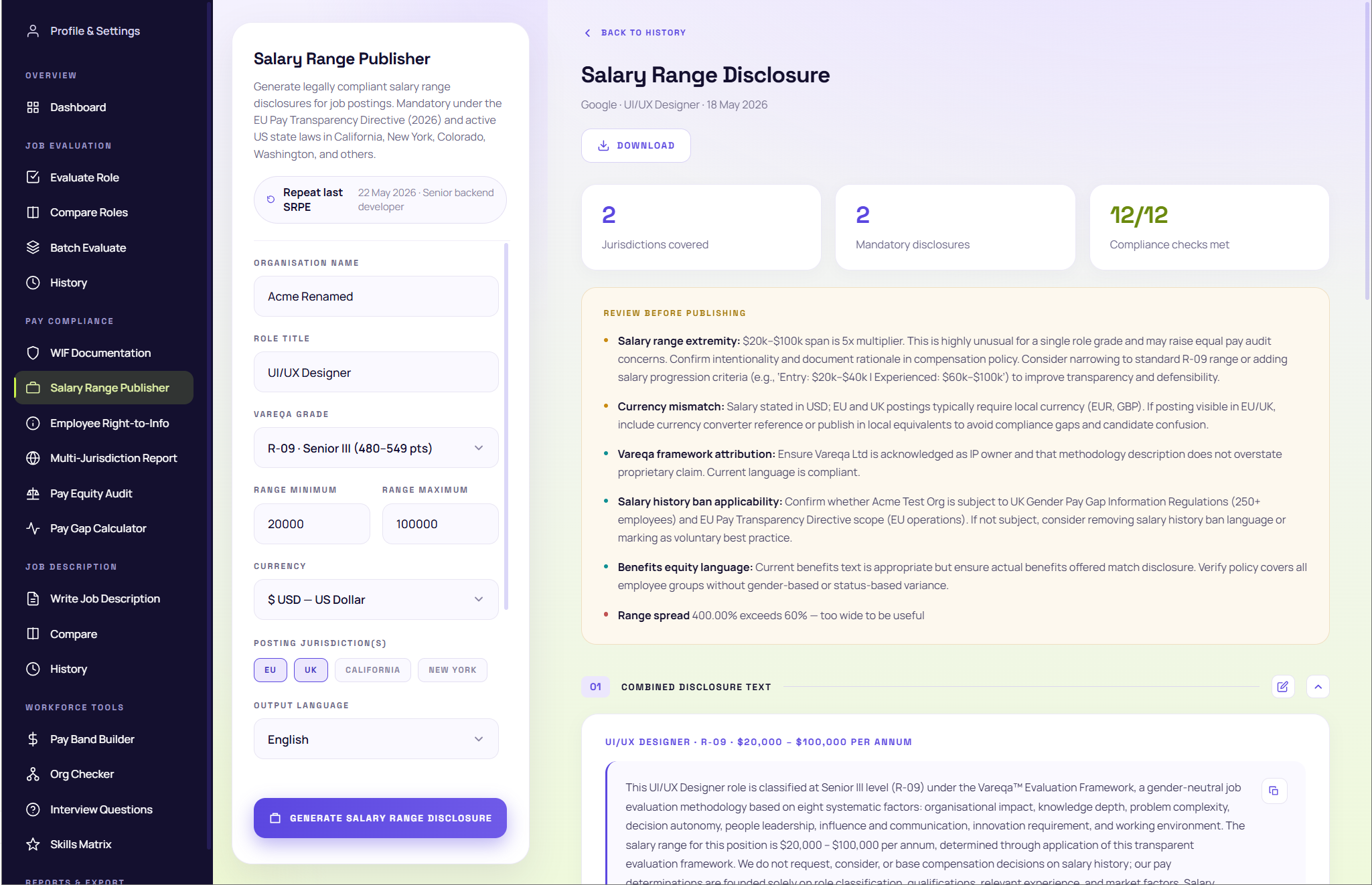 Vareqa generating a salary range disclosure from an approved grade